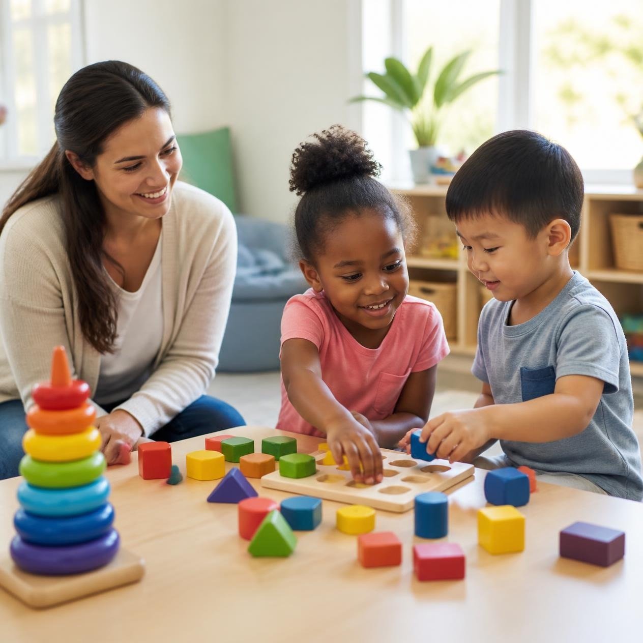 A therapist working with two children on a shared activity