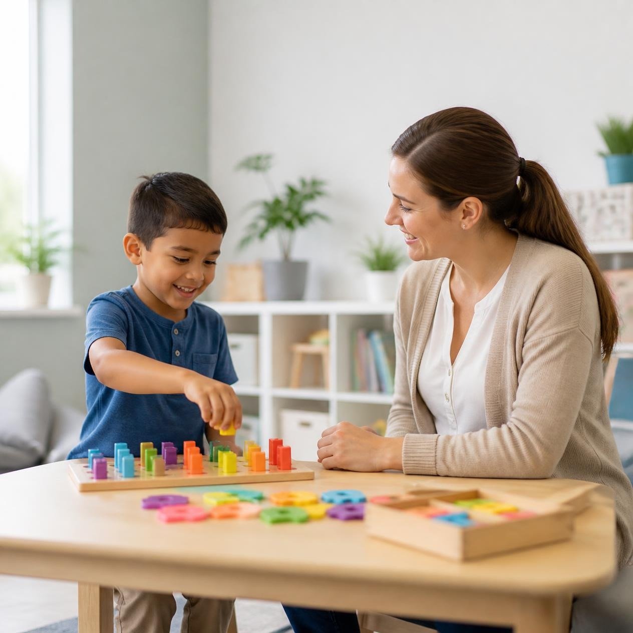 Therapist guiding a child through a colorful peg-sorting activity
